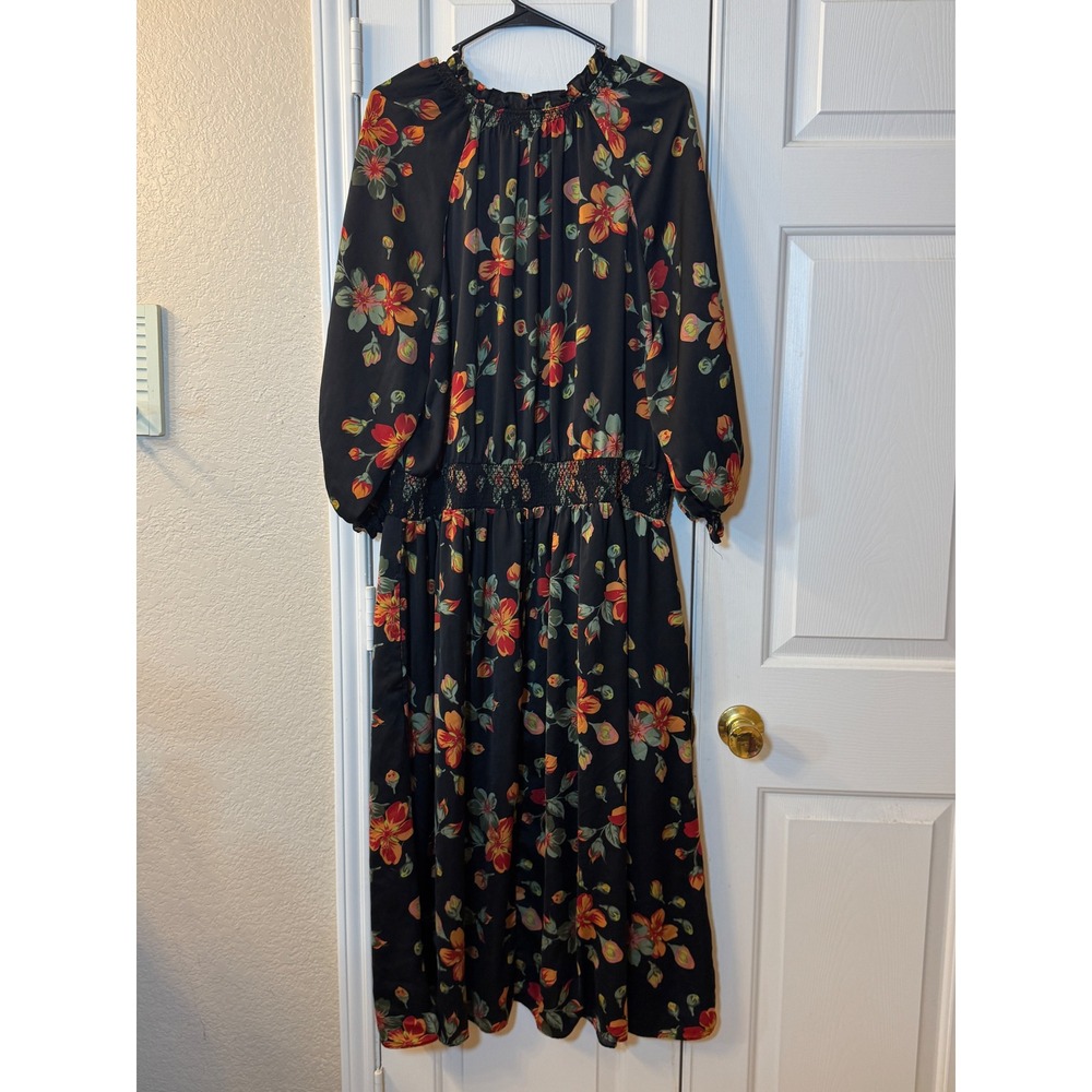 Black Red Floral Maxi Dress Terra & Sky Plus Size 2X 3/4 Sleeve Keyhole Tie Neck - Picture 5 of 5